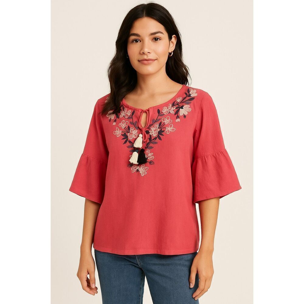 CHARTER CLUB Women’s Linen Blouse Bell Sleeves Embroidered Floral Boho Size XL